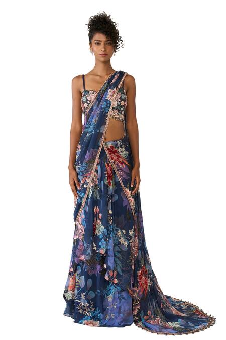 Varun Bahl Blue Georgette, Net Sequins, Floral Print Concept Saree With Embroidered Blouse Online at Aza Fashions Varun Bahl_Blue Georgette, Net Sequins, Floral Print Concept Saree With Embroidered Blouse _Online_at_Aza_Fashions