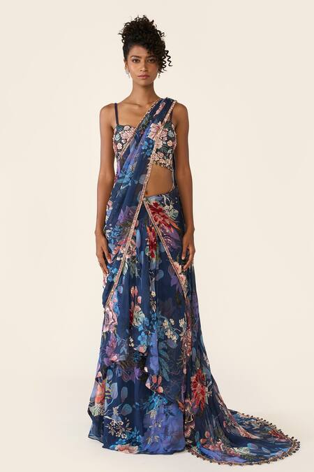 Buy Varun Bahl Blue Georgette, Net Sequins, Floral Print Concept Saree With Embroidered Blouse Online at Aza Fashions Buy_Varun Bahl_Blue Georgette, Net Sequins, Floral Print Concept Saree With Embroidered Blouse _Online_at_Aza_Fashions