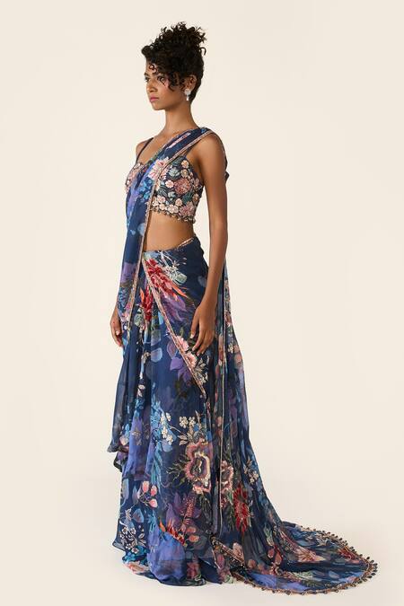 Varun Bahl Blue Georgette, Net Sequins, Floral Print Concept Saree With Embroidered Blouse at Aza Fashions Varun Bahl_Blue Georgette, Net Sequins, Floral Print Concept Saree With Embroidered Blouse _at_Aza_Fashions