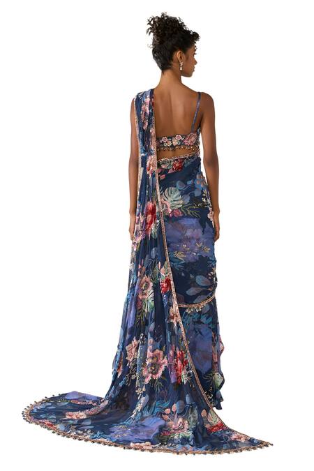 Buy Varun Bahl Blue Georgette, Net Sequins, Floral Print Concept Saree With Embroidered Blouse Buy_Varun Bahl_Blue Georgette, Net Sequins, Floral Print Concept Saree With Embroidered Blouse