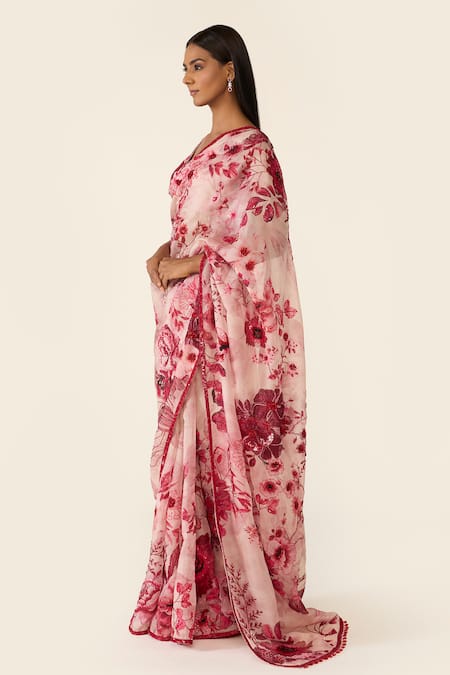 Varun Bahl Floral Print Organza Saree With Embroidered Blouse 