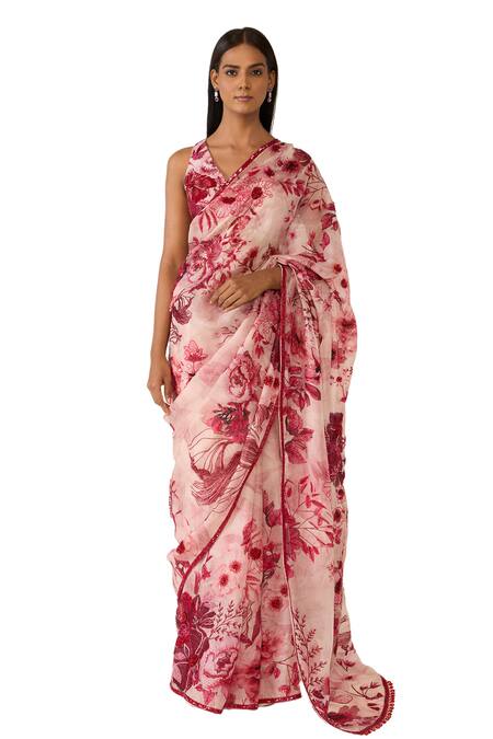 Varun Bahl Pink Organza Sequins, Cut Work, Embroidery Floral Print Saree With Blouse Online at Aza Fashions Varun Bahl_Pink Organza Sequins, Cut Work, Embroidery Floral Print Saree With Blouse _Online_at_Aza_Fashions