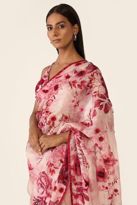 Buy Varun Bahl Pink Organza Sequins, Cut Work, Embroidery Floral Print Saree With Blouse Online at Aza Fashions Buy_Varun Bahl_Pink Organza Sequins, Cut Work, Embroidery Floral Print Saree With Blouse _Online_at_Aza_Fashions