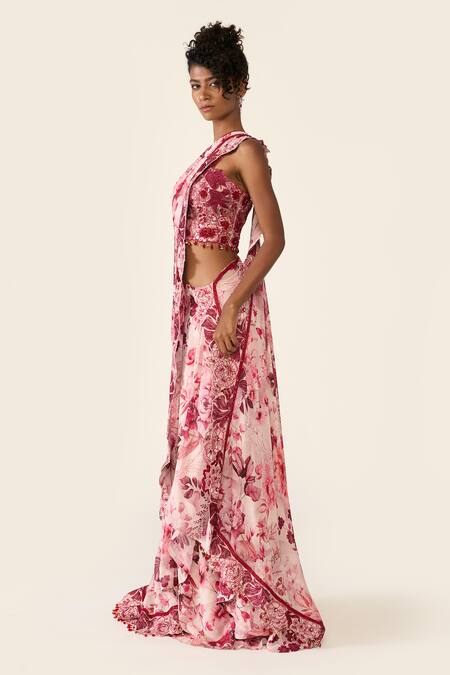 Varun Bahl_Pink Net, Georgette Sequins, Beads Printed Pre-draped Concept Saree With Corset _Online_at_Aza_Fashions