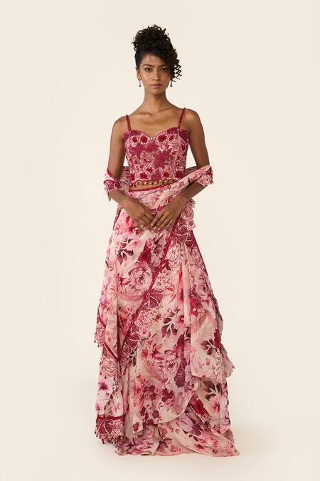 Buy_Varun Bahl_Pink Net, Georgette Sequins, Beads Printed Pre-draped Concept Saree With Corset _Online_at_Aza_Fashions