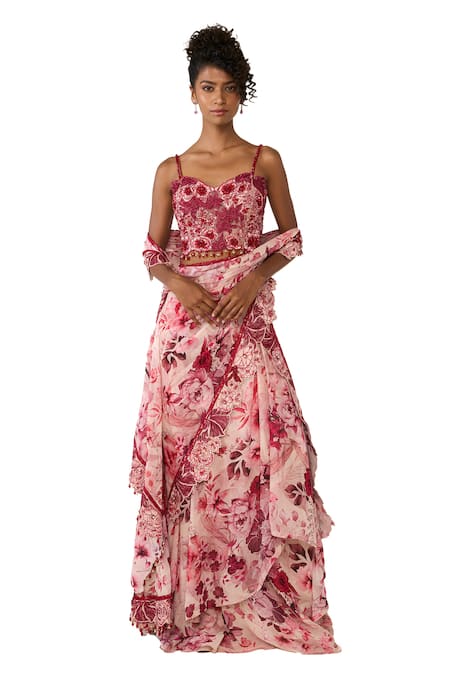 Shop_Varun Bahl_Pink Net, Georgette Sequins, Beads Printed Pre-draped Concept Saree With Corset _Online_at_Aza_Fashions