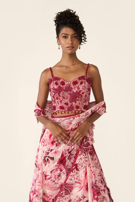 Varun Bahl_Pink Net, Georgette Sequins, Beads Printed Pre-draped Concept Saree With Corset _at_Aza_Fashions