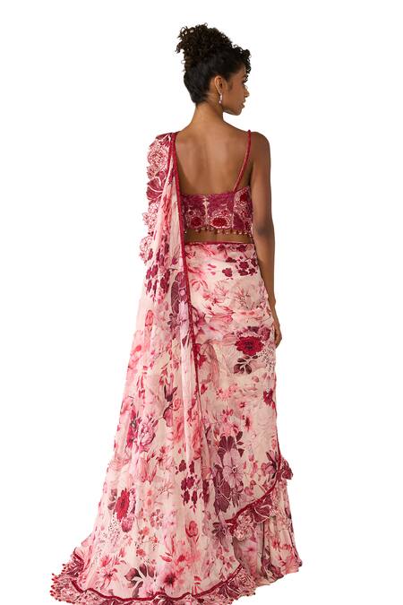 Buy_Varun Bahl_Pink Net, Georgette Sequins, Beads Printed Pre-draped Concept Saree With Corset 