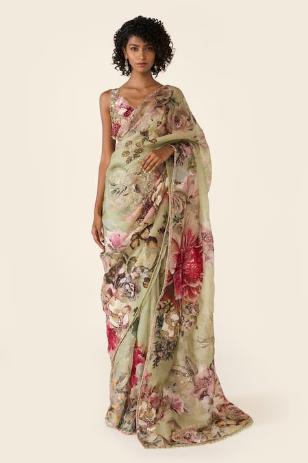 Varun Bahl Green Organza Printed Floral V Flower Saree With Embroidered Blouse  