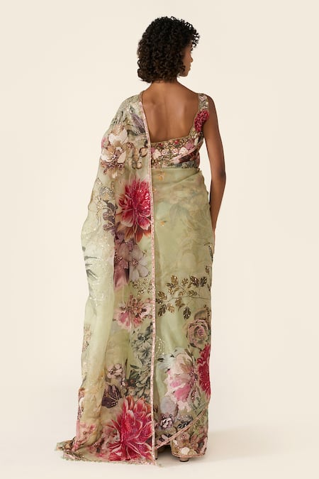Varun Bahl Flower Print Saree With Embroidered Blouse 