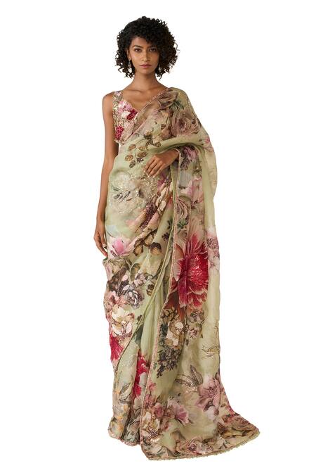 Varun Bahl Green Organza, Net Sequins, Cut Work, Flower Print Saree With Embroidered Blouse Online at Aza Fashions Varun Bahl_Green Organza, Net Sequins, Cut Work, Flower Print Saree With Embroidered Blouse _Online_at_Aza_Fashions