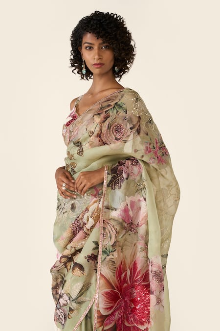 Buy Varun Bahl Green Organza, Net Sequins, Cut Work, Flower Print Saree With Embroidered Blouse Online at Aza Fashions Buy_Varun Bahl_Green Organza, Net Sequins, Cut Work, Flower Print Saree With Embroidered Blouse _Online_at_Aza_Fashions