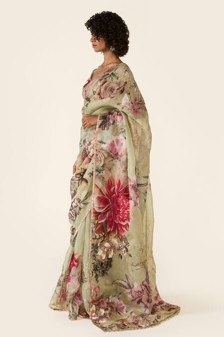 Shop Varun Bahl Green Organza, Net Sequins, Cut Work, Flower Print Saree With Embroidered Blouse Online at Aza Fashions Shop_Varun Bahl_Green Organza, Net Sequins, Cut Work, Flower Print Saree With Embroidered Blouse _Online_at_Aza_Fashions