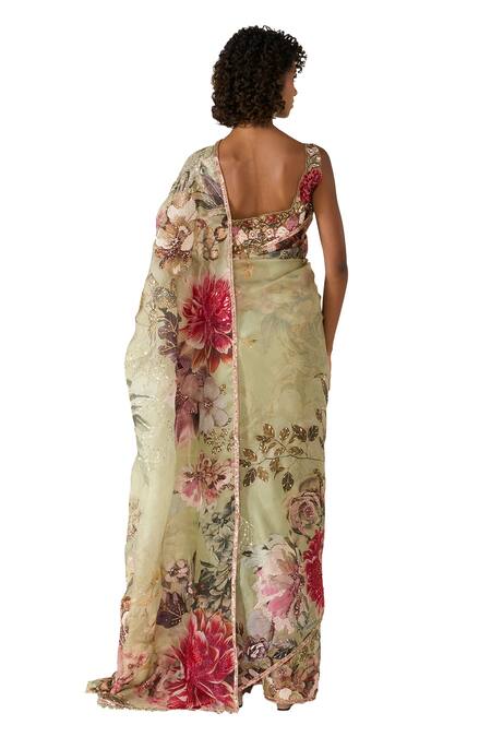 Varun Bahl Green Organza, Net Sequins, Cut Work, Flower Print Saree With Embroidered Blouse at Aza Fashions Varun Bahl_Green Organza, Net Sequins, Cut Work, Flower Print Saree With Embroidered Blouse _at_Aza_Fashions