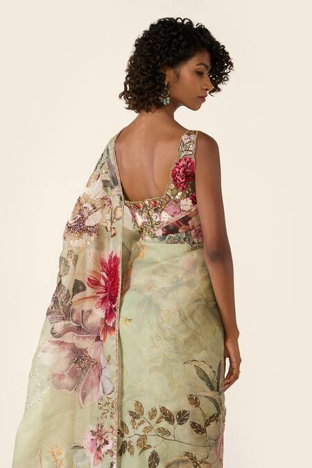 Buy Varun Bahl Green Organza, Net Sequins, Cut Work, Flower Print Saree With Embroidered Blouse Buy_Varun Bahl_Green Organza, Net Sequins, Cut Work, Flower Print Saree With Embroidered Blouse