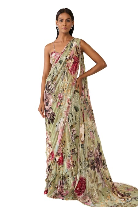 Varun Bahl_Green Net, Georgette Sequins, Flower Print Concept Saree With Embroidered Blouse _Online_at_Aza_Fashions