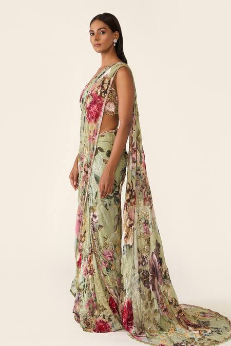 Buy_Varun Bahl_Green Net, Georgette Sequins, Flower Print Concept Saree With Embroidered Blouse _Online_at_Aza_Fashions