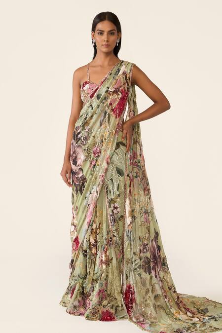 Shop_Varun Bahl_Green Net, Georgette Sequins, Flower Print Concept Saree With Embroidered Blouse _Online_at_Aza_Fashions