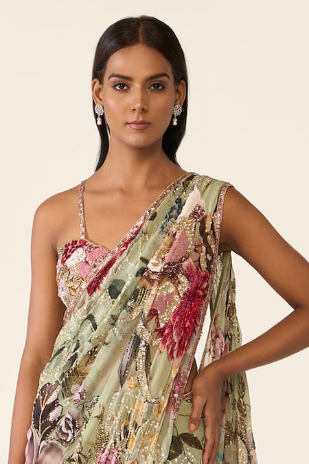 Varun Bahl_Green Net, Georgette Sequins, Flower Print Concept Saree With Embroidered Blouse _at_Aza_Fashions