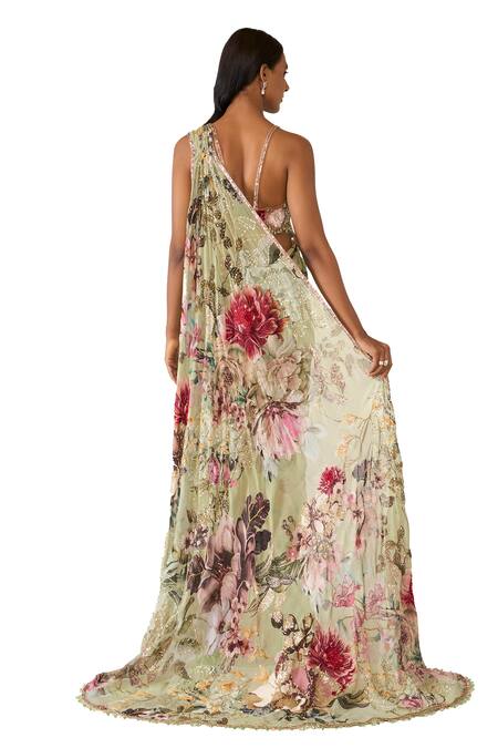 Buy_Varun Bahl_Green Net, Georgette Sequins, Flower Print Concept Saree With Embroidered Blouse 