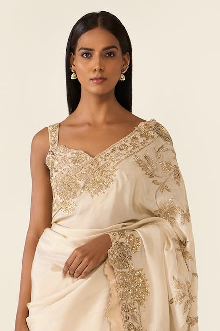 Varun Bahl_Gold Lurex Sequins, Crystals Sweetheart Floral Embroidered Saree With Blouse _Online_at_Aza_Fashions