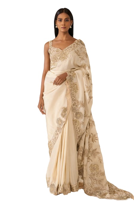 Buy_Varun Bahl_Gold Lurex Sequins, Crystals Sweetheart Floral Embroidered Saree With Blouse _Online_at_Aza_Fashions