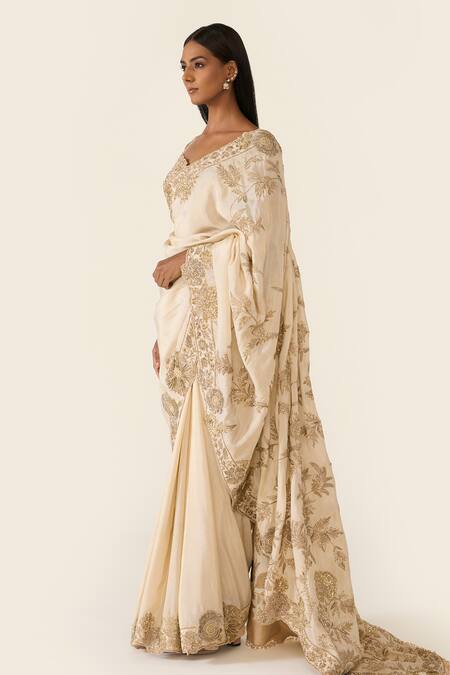Shop_Varun Bahl_Gold Lurex Sequins, Crystals Sweetheart Floral Embroidered Saree With Blouse _Online_at_Aza_Fashions