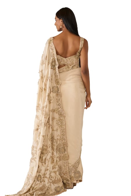 Varun Bahl_Gold Lurex Sequins, Crystals Sweetheart Floral Embroidered Saree With Blouse _at_Aza_Fashions