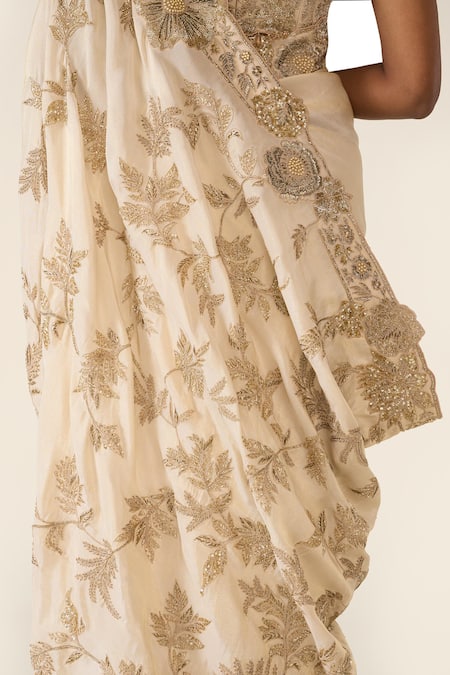 Buy_Varun Bahl_Gold Lurex Sequins, Crystals Sweetheart Floral Embroidered Saree With Blouse 