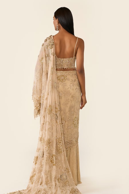 Varun Bahl Floral Embroidered Pre-Draped Saree With Blouse 