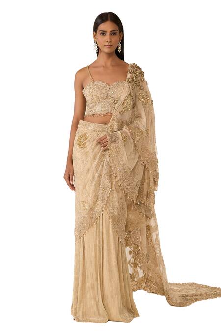 Varun Bahl_Gold Net, Lycra Sequins, Floral Embroidered Pre-draped Saree With Blouse _Online_at_Aza_Fashions