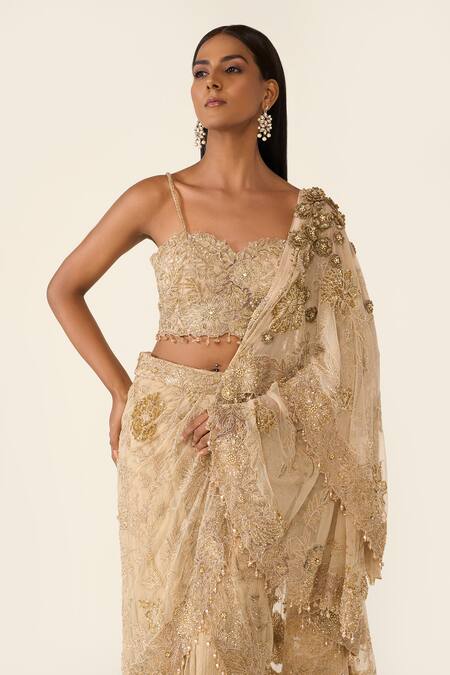 Buy_Varun Bahl_Gold Net, Lycra Sequins, Floral Embroidered Pre-draped Saree With Blouse _Online_at_Aza_Fashions