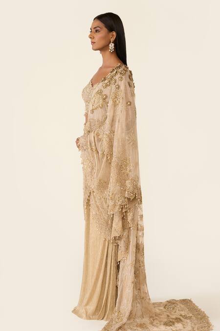 Shop_Varun Bahl_Gold Net, Lycra Sequins, Floral Embroidered Pre-draped Saree With Blouse _Online_at_Aza_Fashions
