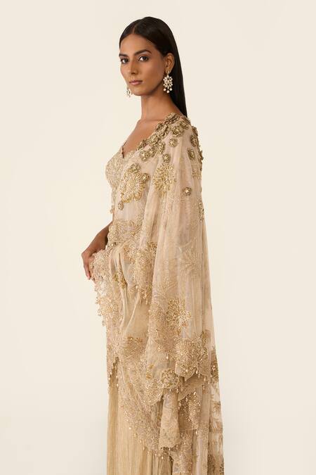 Varun Bahl_Gold Net, Lycra Sequins, Floral Embroidered Pre-draped Saree With Blouse _at_Aza_Fashions