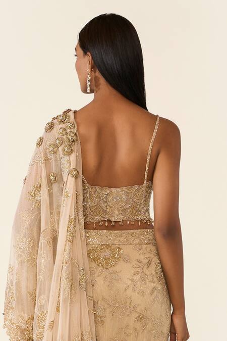 Shop_Varun Bahl_Gold Net, Lycra Sequins, Floral Embroidered Pre-draped Saree With Blouse 