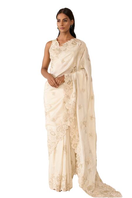 Varun Bahl Ivory Tissue, Lurex Stones, Floral Applique Embroidered Saree With Blouse Online at Aza Fashions Varun Bahl_Ivory Tissue, Lurex Stones, Floral Applique Embroidered Saree With Blouse _Online_at_Aza_Fashions