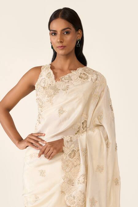Buy Varun Bahl Ivory Tissue, Lurex Stones, Floral Applique Embroidered Saree With Blouse Online at Aza Fashions Buy_Varun Bahl_Ivory Tissue, Lurex Stones, Floral Applique Embroidered Saree With Blouse _Online_at_Aza_Fashions