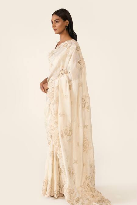 Varun Bahl Ivory Tissue, Lurex Stones, Floral Applique Embroidered Saree With Blouse at Aza Fashions Varun Bahl_Ivory Tissue, Lurex Stones, Floral Applique Embroidered Saree With Blouse _at_Aza_Fashions