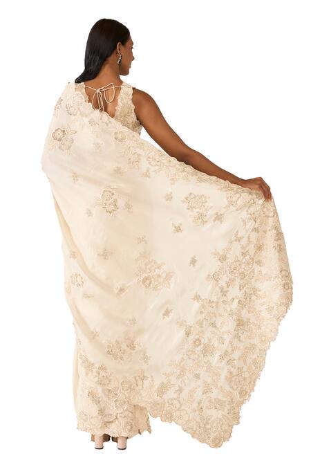 Buy Varun Bahl Ivory Tissue, Lurex Stones, Floral Applique Embroidered Saree With Blouse Buy_Varun Bahl_Ivory Tissue, Lurex Stones, Floral Applique Embroidered Saree With Blouse