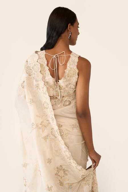 Shop Varun Bahl Ivory Tissue, Lurex Stones, Floral Applique Embroidered Saree With Blouse Shop_Varun Bahl_Ivory Tissue, Lurex Stones, Floral Applique Embroidered Saree With Blouse