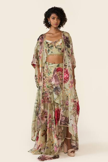 Varun Bahl Green Organza Printed Floral Sweetheart Cape And Asymmetric Skirt Set 