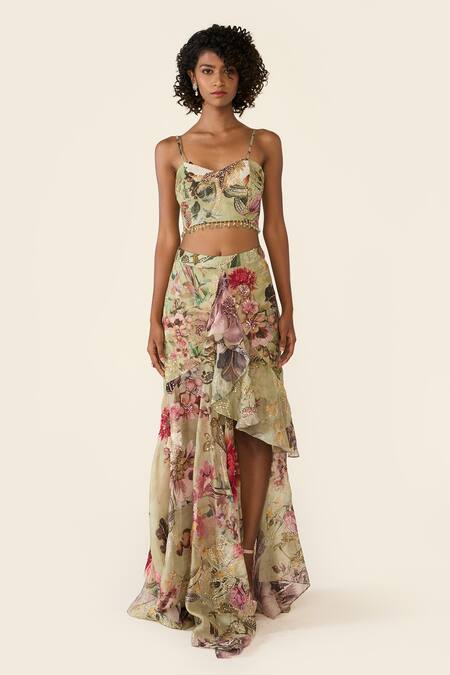 Varun Bahl Green Organza Sequins, Beads, Cut Work Floral Print Cape And Asymmetric Skirt Set Online at Aza Fashions Varun Bahl_Green Organza Sequins, Beads, Cut Work Floral Print Cape And Asymmetric Skirt Set _Online_at_Aza_Fashions
