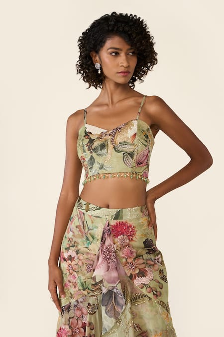 Buy Varun Bahl Green Organza Sequins, Beads, Cut Work Floral Print Cape And Asymmetric Skirt Set Online at Aza Fashions Buy_Varun Bahl_Green Organza Sequins, Beads, Cut Work Floral Print Cape And Asymmetric Skirt Set _Online_at_Aza_Fashions