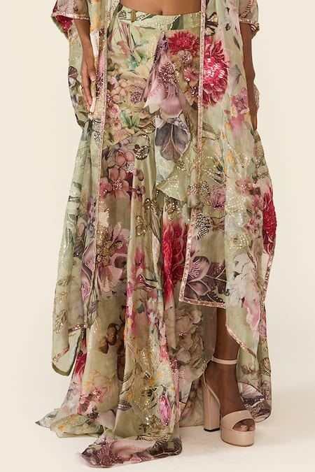 Shop Varun Bahl Green Organza Sequins, Beads, Cut Work Floral Print Cape And Asymmetric Skirt Set Online at Aza Fashions Shop_Varun Bahl_Green Organza Sequins, Beads, Cut Work Floral Print Cape And Asymmetric Skirt Set _Online_at_Aza_Fashions