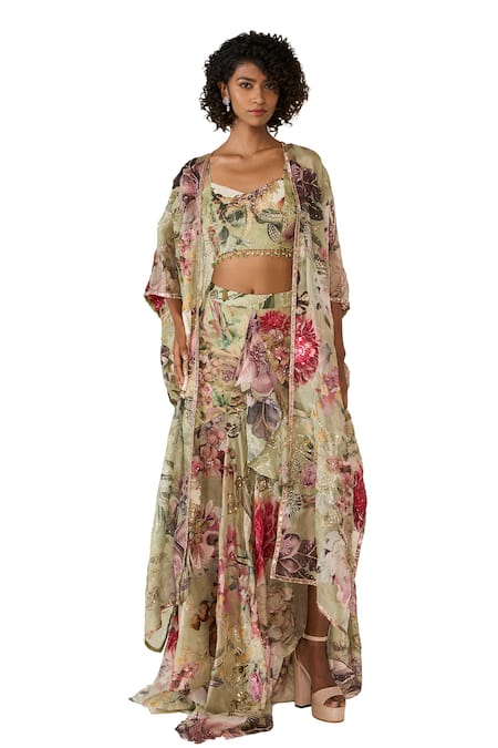 Varun Bahl Green Organza Sequins, Beads, Cut Work Floral Print Cape And Asymmetric Skirt Set at Aza Fashions Varun Bahl_Green Organza Sequins, Beads, Cut Work Floral Print Cape And Asymmetric Skirt Set _at_Aza_Fashions