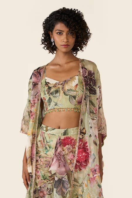 Buy Varun Bahl Green Organza Sequins, Beads, Cut Work Floral Print Cape And Asymmetric Skirt Set Buy_Varun Bahl_Green Organza Sequins, Beads, Cut Work Floral Print Cape And Asymmetric Skirt Set