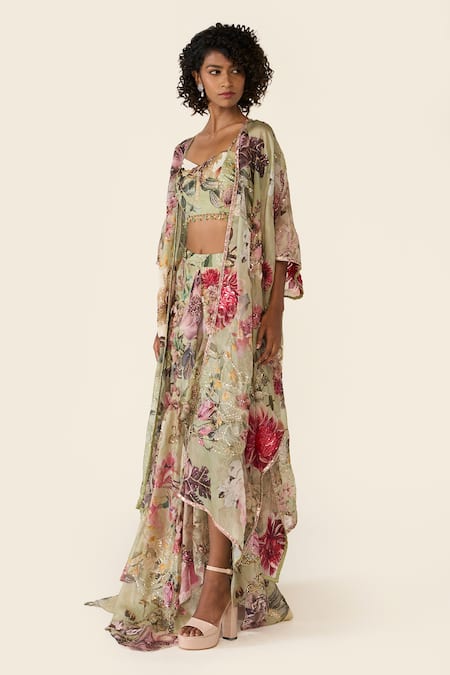 Shop Varun Bahl Green Organza Sequins, Beads, Cut Work Floral Print Cape And Asymmetric Skirt Set Shop_Varun Bahl_Green Organza Sequins, Beads, Cut Work Floral Print Cape And Asymmetric Skirt Set
