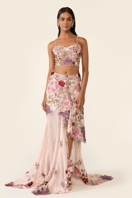 Varun Bahl_Pink Organza Beads, Sequins Embroidered Asymmetric Skirt Set With Cape _Online_at_Aza_Fashions