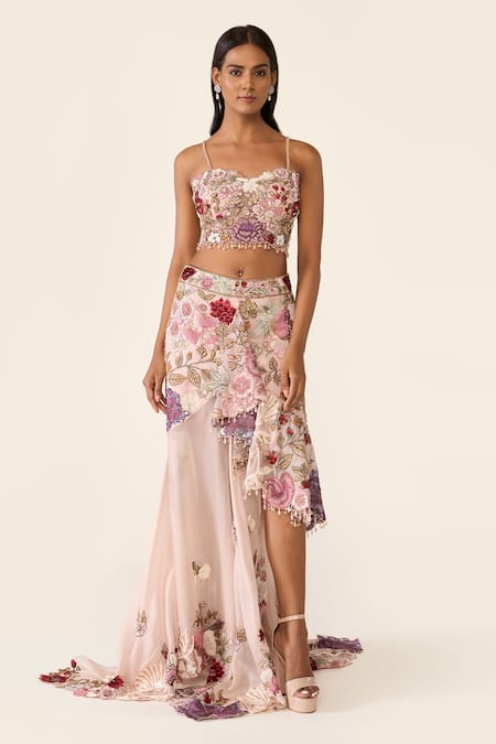 Buy_Varun Bahl_Pink Organza Beads, Sequins Embroidered Asymmetric Skirt Set With Cape _Online_at_Aza_Fashions