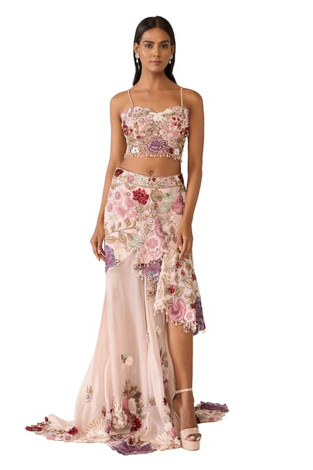 Shop_Varun Bahl_Pink Organza Beads, Sequins Embroidered Asymmetric Skirt Set With Cape _Online_at_Aza_Fashions